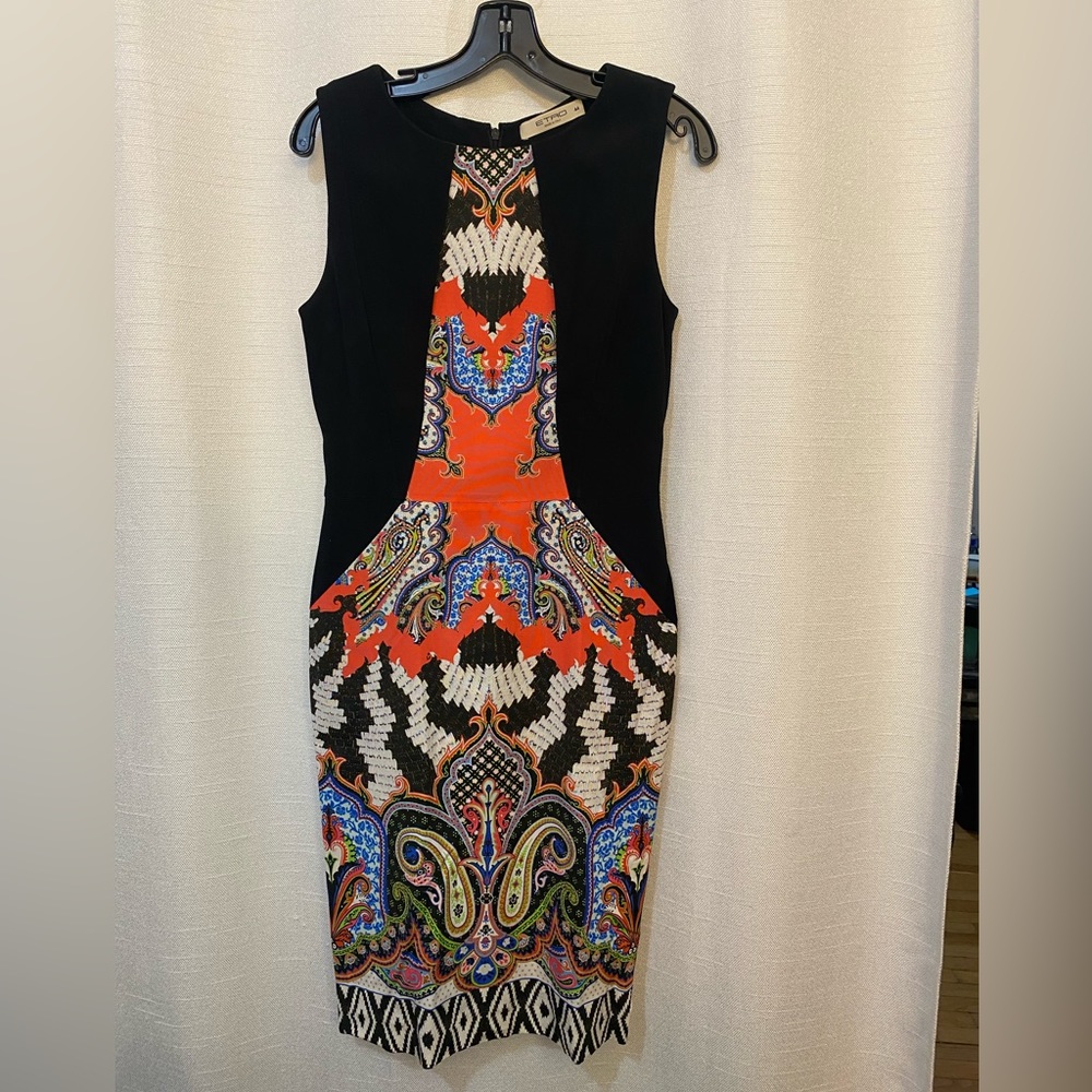 ETRO SPA-VIA SPARTACO 3 Black Printed,Knee high Dress,Used and in Good Condition